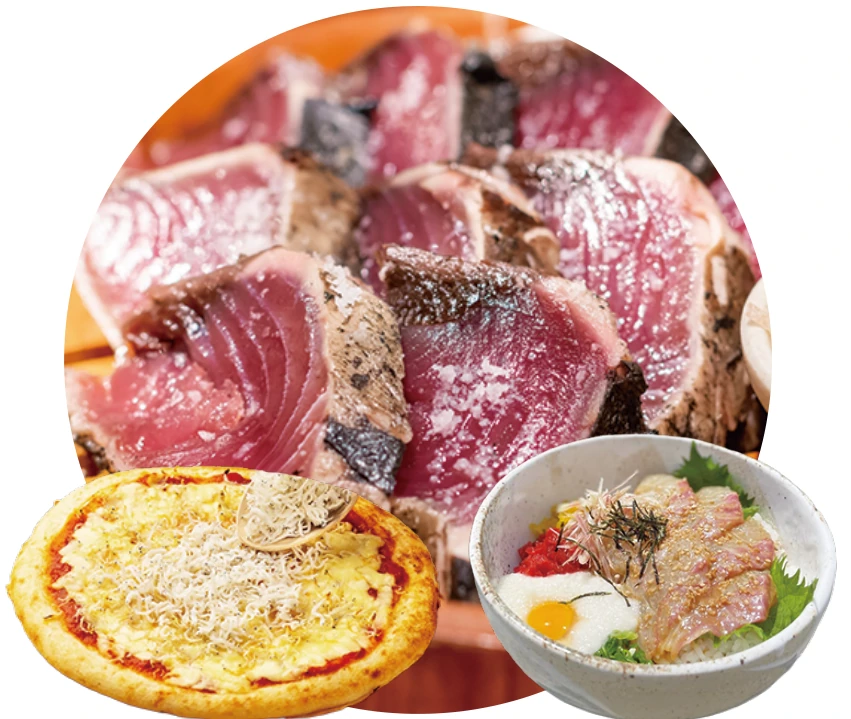 カツオのたたき、じゃこピザ、生姜マダイ丼