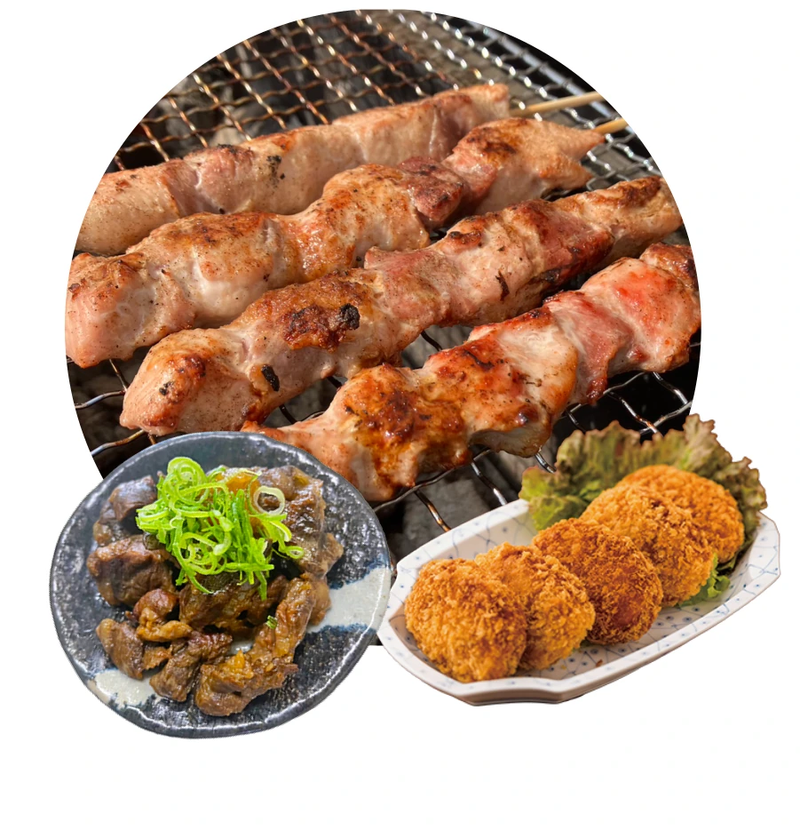 しまんとターキーの炭火串焼き、土佐あかうし牛すじ煮込み、キジコロッケ